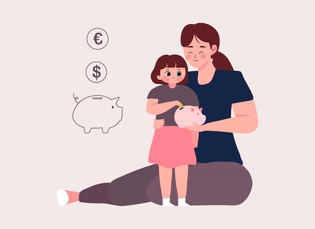 Enseñe a sus hijos a salvar el concepto del día. La ilustración de la madre enseña a sus hijos a aprender a ahorrar poniendo monedas en la hucha