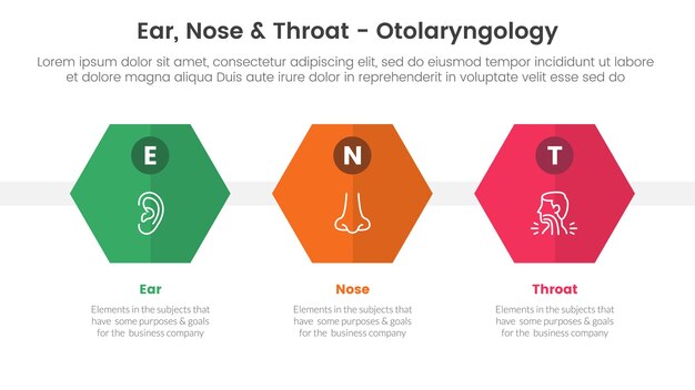 Ent infográfico de tratamiento de la enfermedad de salud plantilla de etapa de 3 puntos con forma hexagonal o hexagónica horizontal para la presentación de diapositivas