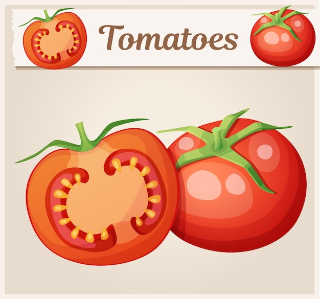 Entero y la mitad del icono de vector de dibujos animados vegetales de tomate