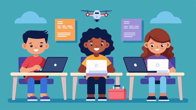 En un entorno de clase, los niños usan computadoras portátiles y software de codificación para programar sus drones para realizar