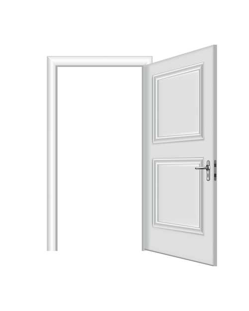 Entrada blanca abierta. Puerta realista con marco aislado sobre fondo blanco. Plantilla de puerta blanca de diseño limpio. Elemento decorativo de la casa