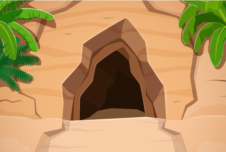 Vector la entrada de la cueva de los piratas rodeada de acantilados rocosos