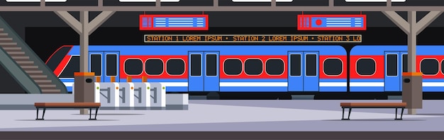 Vector entrada de la ilustración de la estación de metro llegada del tren de tranvía que se detiene en la plataforma del metro de la ciudad de transporte público