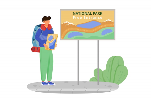 Entrada libre a la ilustración del parque nacional. actividad de senderismo, recorrido a pie. opción de viaje barata. turista con mapa. presupuesto turismo personaje de dibujos animados sobre fondo blanco.