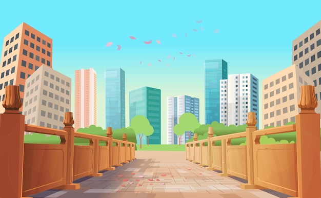 Entrada en el puente en perspectiva Calle perspectiva de la ciudad con casas fachadas vista panorámica Paisaje urbano coloreado Ilustración vectorial de la calle de la ciudad