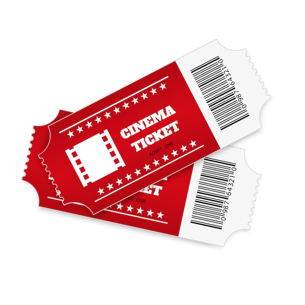Entradas aisladas sobre fondo blanco. Vista frontal realista. Boleto de cine en color.
