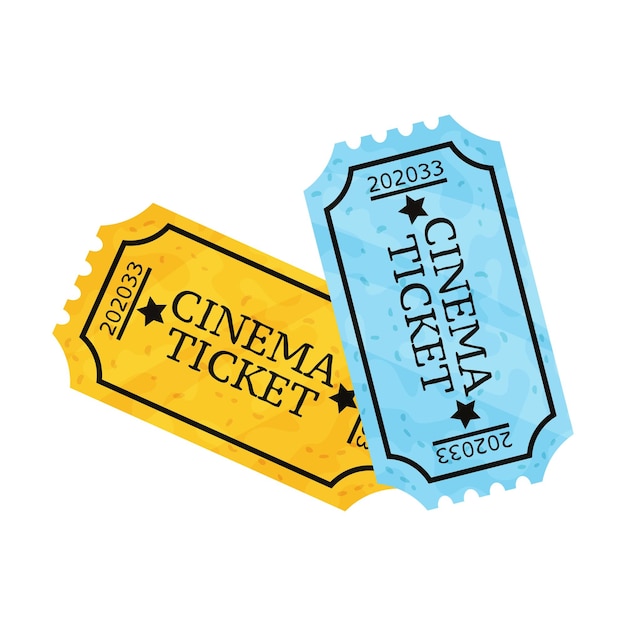 Entradas amarillas y azules con la inscripción Entrada de cine Ilustración vectorial sobre fondo blanco