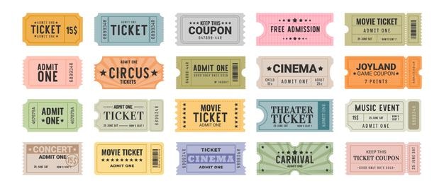 Entradas antiguas Pases de admisión retro Admitir una etiqueta para teatro circo cine película concierto música antigüedad rectangular redondeado perforado boleto de evento Conjunto vectorial