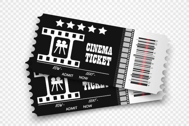 Entradas de cine vectorial aisladas sobre fondo transparente. Boleto de entrada de cine realista.