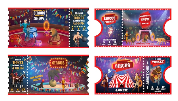 Vector entradas de circo con animales acróbatas y mago.