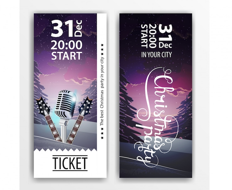 Vector entradas con escenario invernal y guitarras para fiesta de navidad.