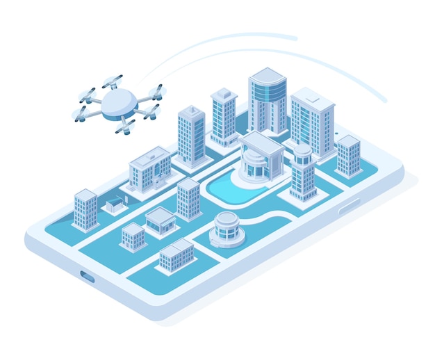 Entrega aérea de drones isométricos, concepto de innovación digital quadcopter. Quadcopter de logística de vuelo, ilustración de vector de transporte de drones de entrega. Concepto de ciudad moderna entrega aérea isométrica