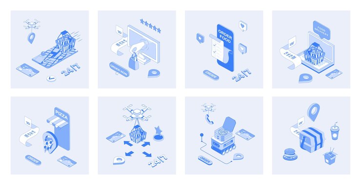 Vector entrega de alimentos conjunto de concepto isométrico 3d con iconos isométricos diseño para la web colección de restaurantes de pizza en línea pedido de bolsas de comestibles transporte mensajería rápida envío ilustración vectorial