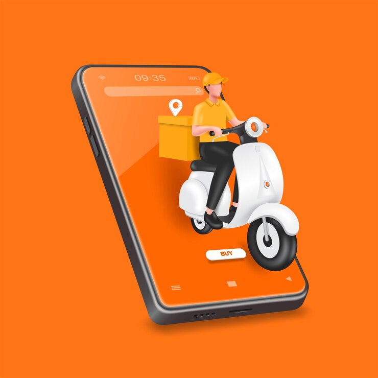 Vector la entrega de alimentos para hombres se realiza en un scooter o una motocicleta con una ubicación de caja y pin en la parte posterior y todo en el teléfono inteligente