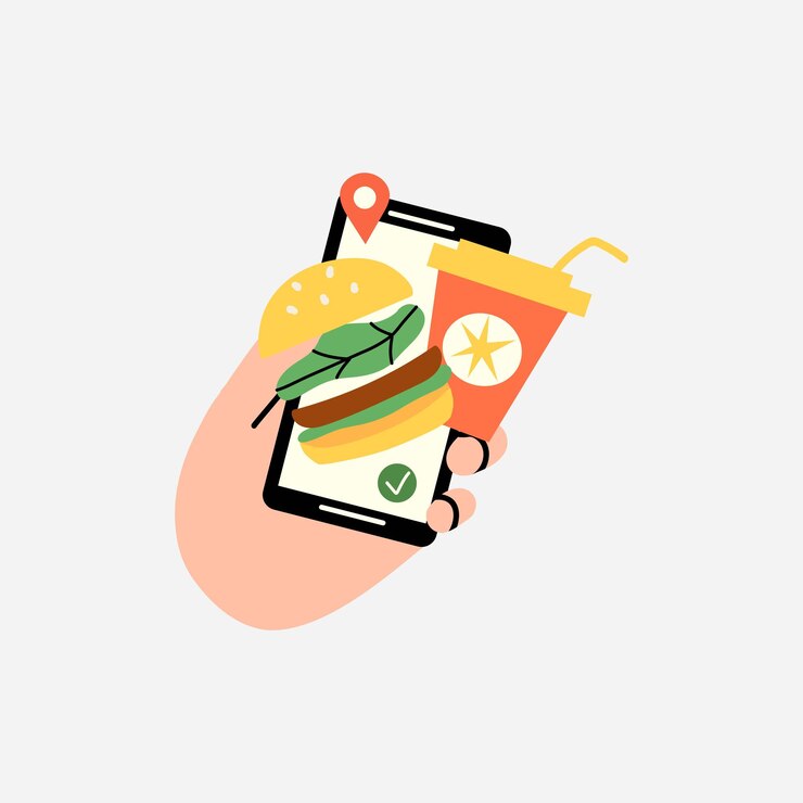 Vector entrega de alimentos pantalla de aplicación móvil de teléfono inteligente de mano pedidos rápidos de productos cafetería o restaurante en línea compra de hamburguesas y bebidas concepto de comercio electrónico dibujo animado vectorial plano ilustración aislada