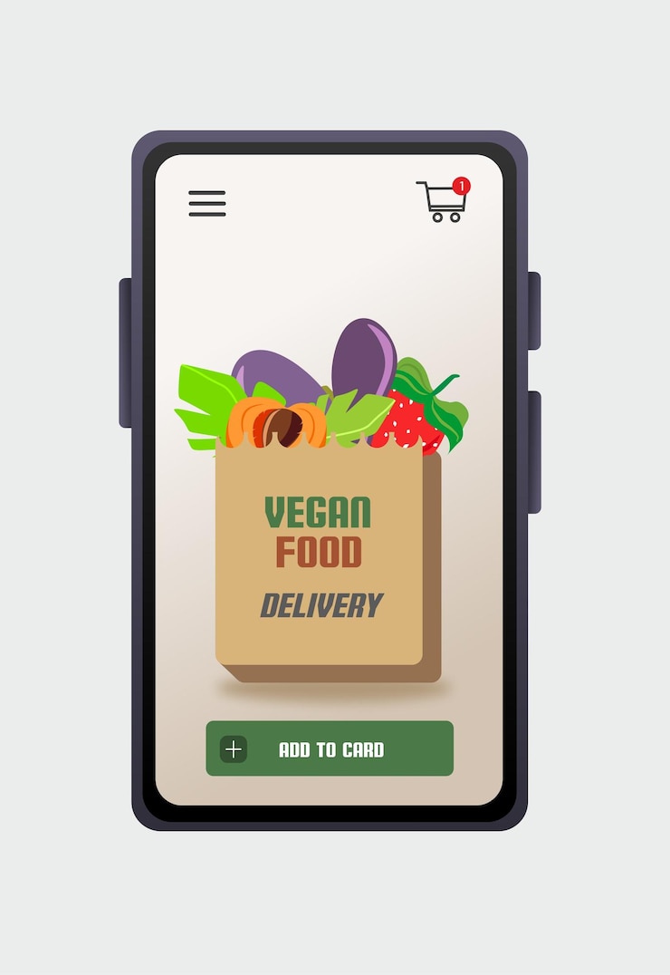 Vector entrega de alimentos a través de un teléfono inteligente comida vegana una bolsa de papel con frutas y verduras