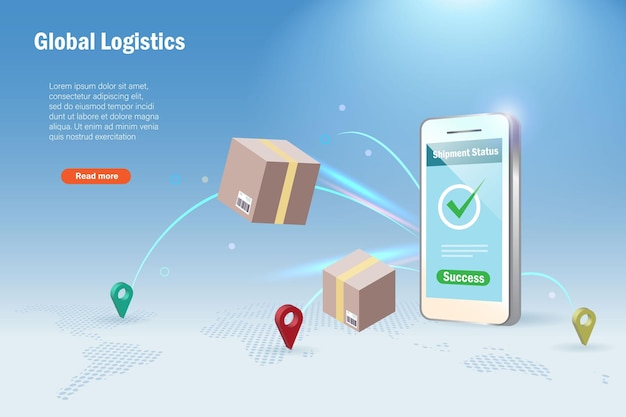 Entrega de cajas de envío desde la pantalla del teléfono inteligente con fondo de mapa mundial de punto pin Sistema de seguimiento de entrega de logística inteligente tecnología de transporte de innovación