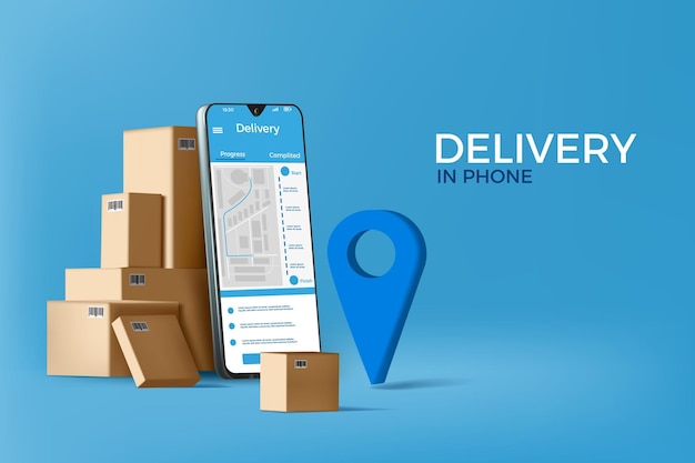 Entrega de cajas de paquetes 3D en teléfono Servicio de carga rápida Camión móvil o logística para la ubicación del paquete en la dirección Banner web o página de aterrizaje aplicación para teléfonos inteligentes Concepto de ilustración vectorial