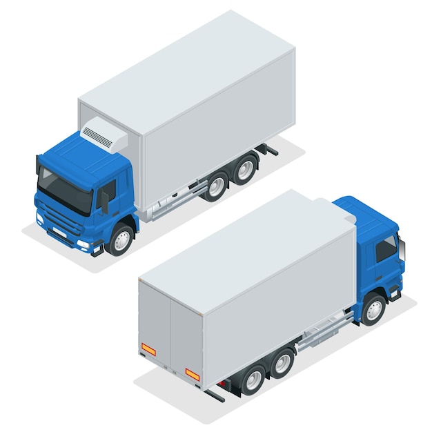 Entrega de camión isométrico, plantilla aislada de maqueta de camión sobre fondo blanco. Icono de vector de camión frigorífico.
