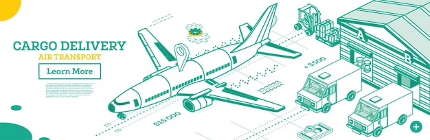 Entrega de carga por avión Esquema Almacén de red de logística global isométrica en el aeropuerto