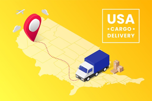 Entrega de carga concepto de pancarta isométrica con texto pin camión mapa de Estados Unidos en fondo amarillo Servicio logístico diseño 3D Ilustración vectorial de envío para anuncio de aplicación móvil web