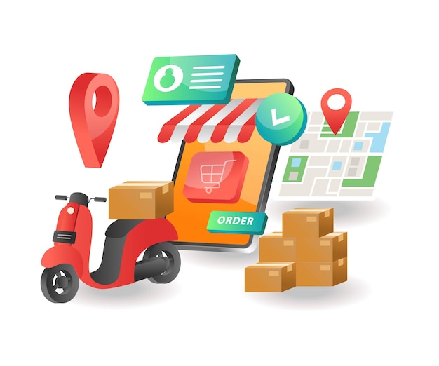 Entrega de comercio electrónico de compras en línea de concepto de ilustración isométrica