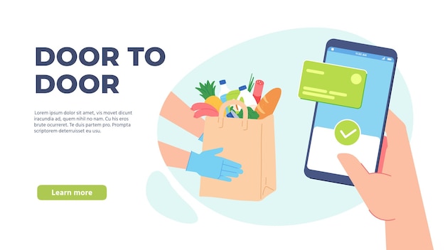 Entrega de comestibles. Pedido online del supermercado. Mano de mensajero en guantes sostiene una bolsa de papel con comida. Concepto de vector de entrega segura de cuarentena. Ilustración servicio de entrega de supermercados, abarrotes en línea