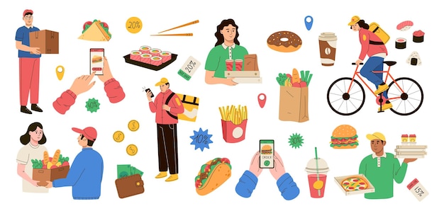 Entrega de comida almuerzo para llevar mensajero en motocicleta o bicicleta rápida aplicación de venta en línea personas con sándwich o pizza pagar por la compra café entrega de elementos conjunto ilustración vectorial llamativa