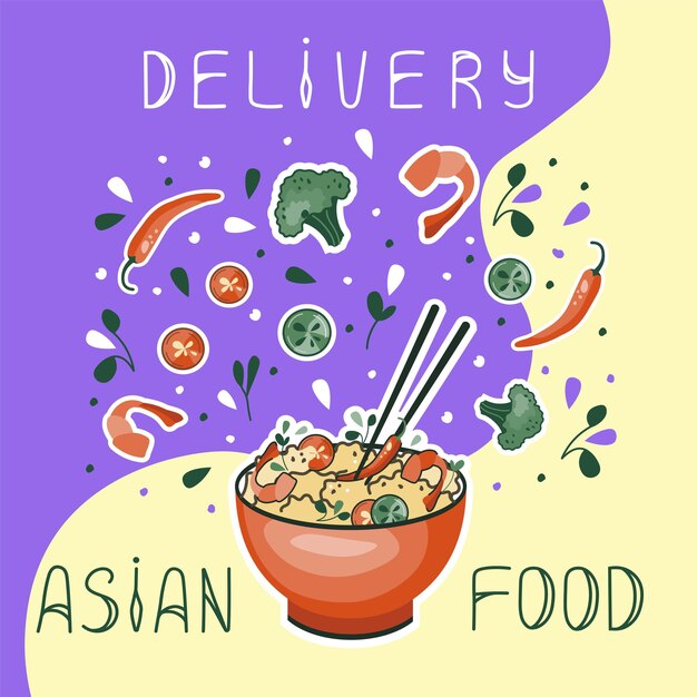 Entrega de comida asiática. Comida coreana o china. Tarjeta de descuento.