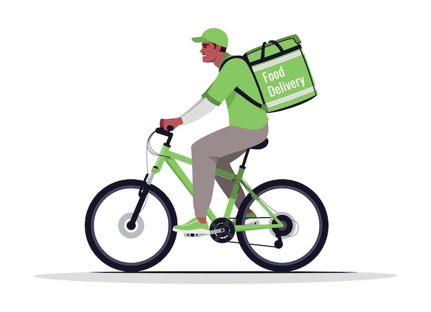 Entrega de comida a domicilio semi plana rgb color ilustración vectorial. mensajero afroamericano en transporte. repartidor en bicicleta en uniforme verde personaje de dibujos animados aislado sobre fondo blanco.