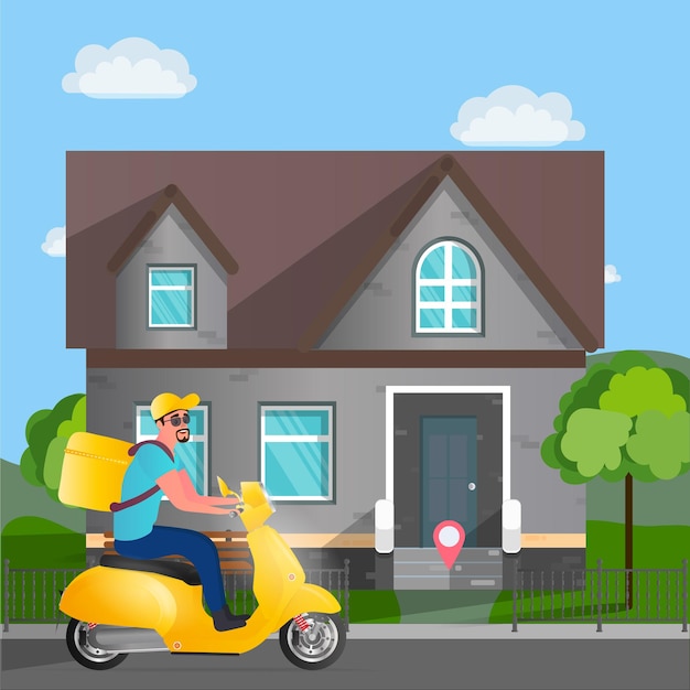 Entrega de comida en scooter. Un tipo con una mochila amarilla conduce por el parque. Ciclomotor amarillo. El concepto de pedidos de comida y entrega. Ilustración vectorial