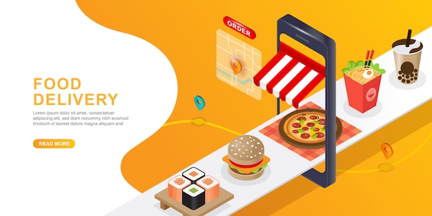 Entrega de comida Teléfono móvil. Orden de alimentos en línea y concepto de comercio electrónico.