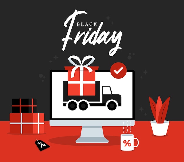 Entrega de compras en línea de viernes negro. Icono de vector plano de camión de entrega de envío gratis para aplicaciones y sitios web. Concepto de viernes negro.