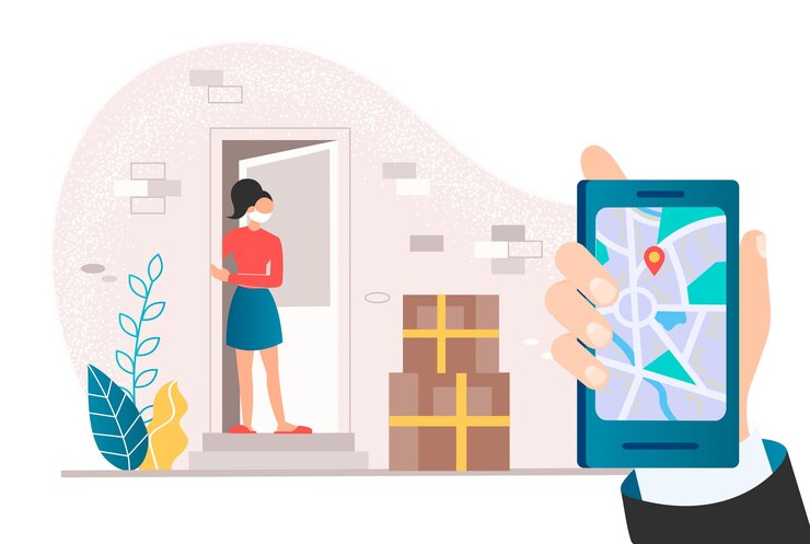 Vector entrega sin contacto ilustración vectorial conceptual una mujer con una máscara facial en la puerta de una casa