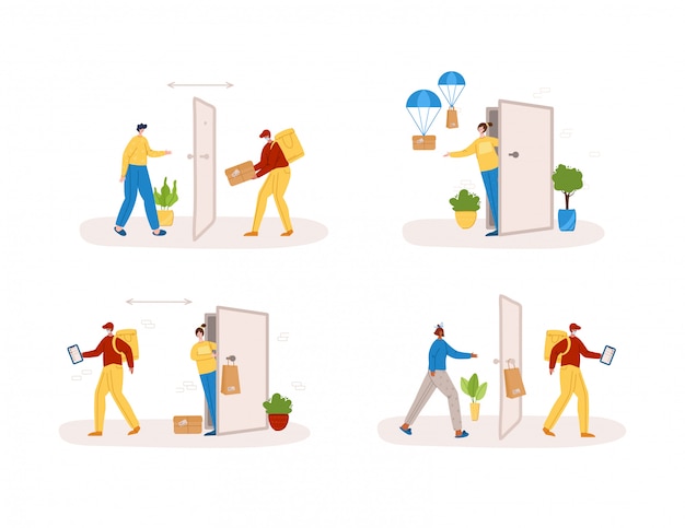 entrega sin contacto de productos o paquetes desde el hogar hasta la puerta de entrada