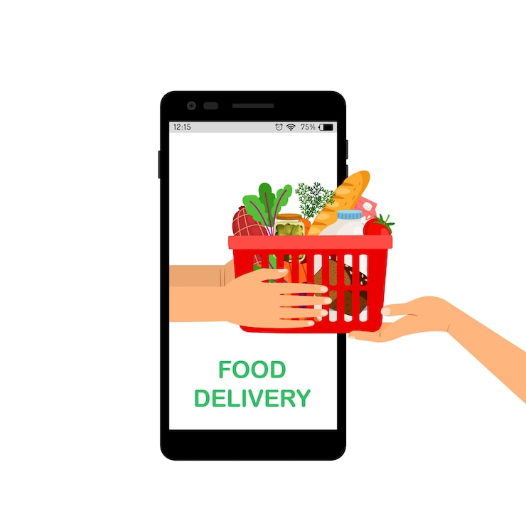 Vector entrega sin contacto. tienda de alimentos en línea, aplicación móvil de supermercado. manos sosteniendo la ilustración de vector de cesta de la compra
