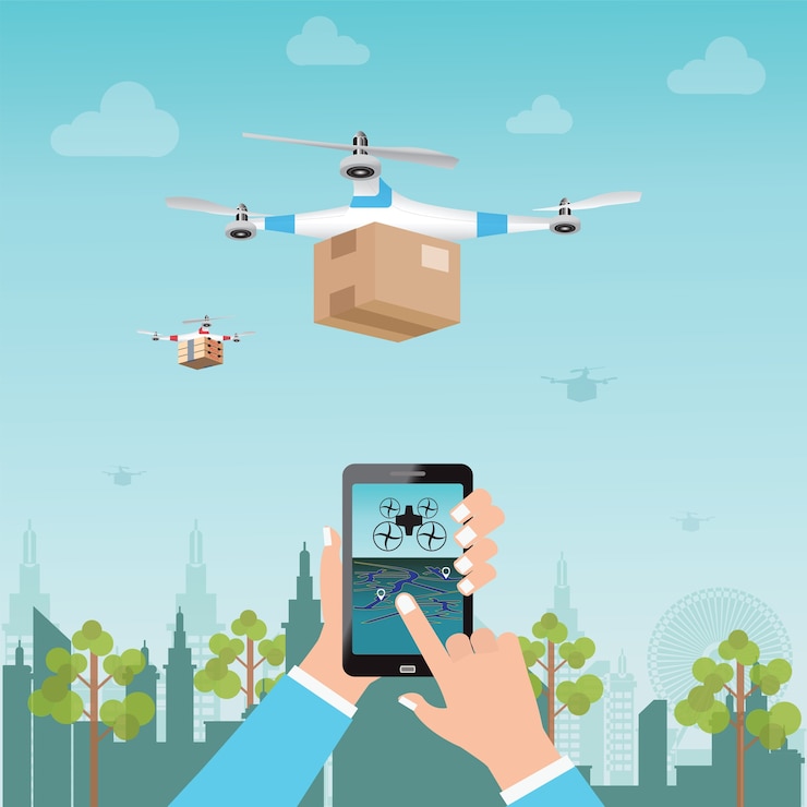 Vector entrega drone con caja de comida u otra