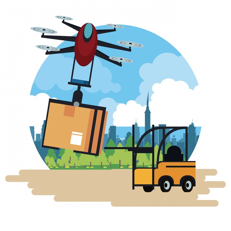 Vector entrega de drones y vehiculos en ciudad.
