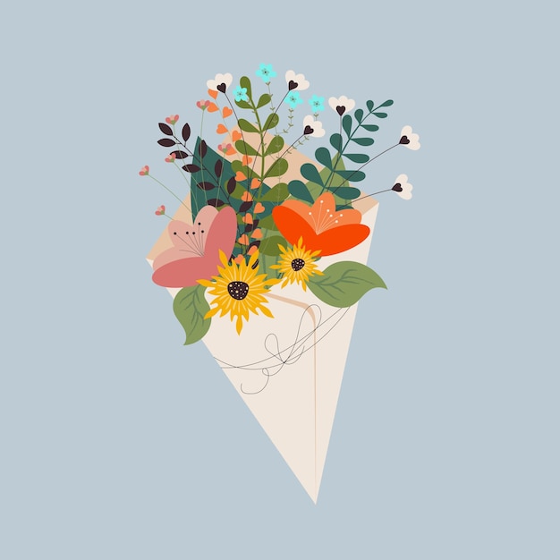 Entrega de flores en línea Ramo de flores silvestres en envoltura artesanal Ilustración de diseño plano Ilustración de arte de plastilina de primavera y verano Objetos vectoriales 3d