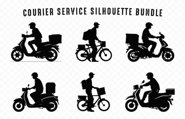 Entrega Hombre que lleva una caja en motocicleta Siluetas Clipart Set Servicio de mensajería Silueta Vector