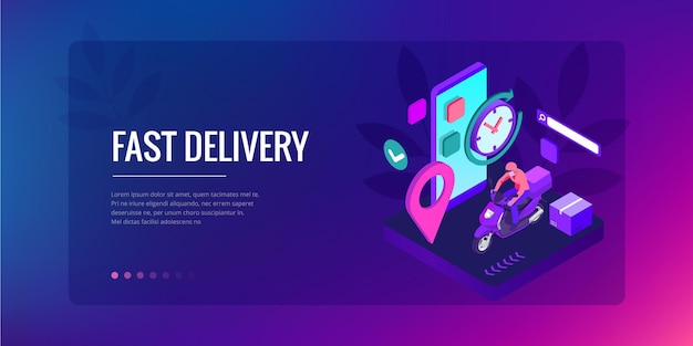 Entrega isométrica rápida y gratuita por el concepto Man Ride Scooter. Servicio de comida. Banner de sitio web, ilustración vectorial.