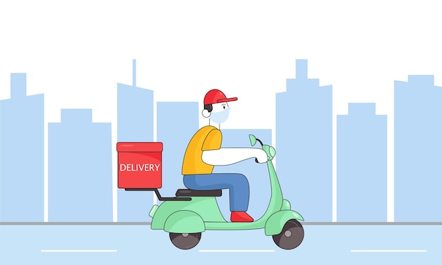 Entrega en línea Entrega de scooter Un hombre en bicicleta en la ciudad y con una máscara
