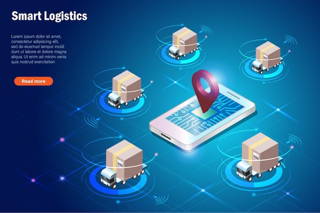 Vector entrega de logística inteligente sistema gps en teléfono inteligente con tecnología inalámbrica entrega de cajas de envío en camión con computación en la nube transporte logístico global flete de importación y exportación