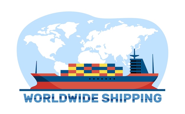 Entrega de mercancías por buques de carga marítima Envío mundial Barcaza con contenedores en el fondo del mapa Distribución del comercio de mercancía Ilustración aislada plana de dibujos animados Concepto de exportación vectorial