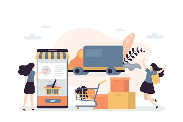 Entrega de mercancías desde la tienda en línea Personaje femenino que ordena y compra productos en la aplicación móvil