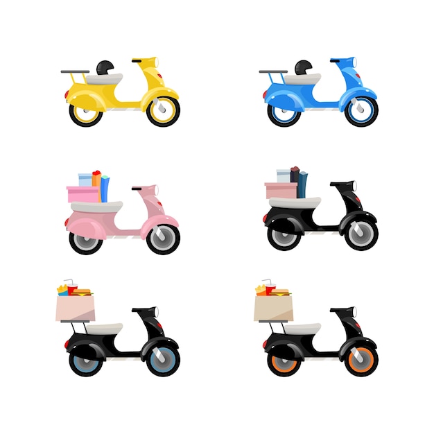 Entrega de motocicletas conjunto de objetos de color plano. scooters de entrega con mercancías. transporte por mensajería. servicio de envío. dibujos animados aislados