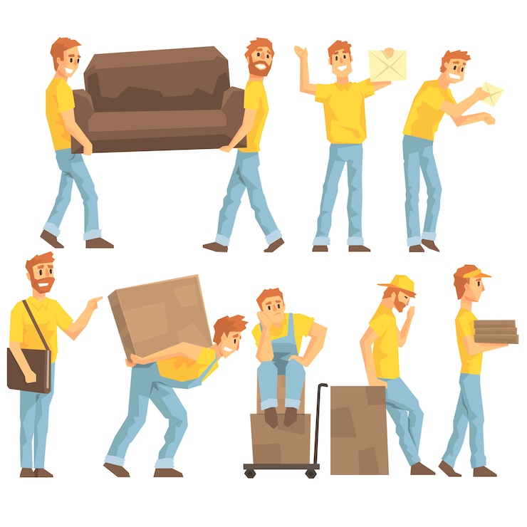 Vector entrega y mudanza empleados de la empresa que transportan objetos pesados