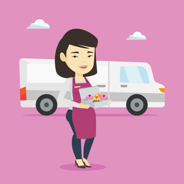 Entrega mujer sosteniendo una caja de pasteles.