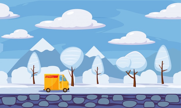 Vector entrega, paisaje de invierno, árboles en la nieve, camión, estilo de dibujos animados, ilustración vectorial