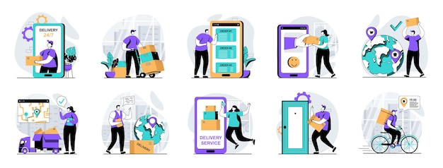 Entrega de pantallas de interfaz de aplicaciones móviles conjunto de plantillas Cuenta en línea servicio logístico calendario paquete calcular orden de seguimiento Pacto de kit de UI UX GUI para diseño web de aplicaciones Diseño vectorial